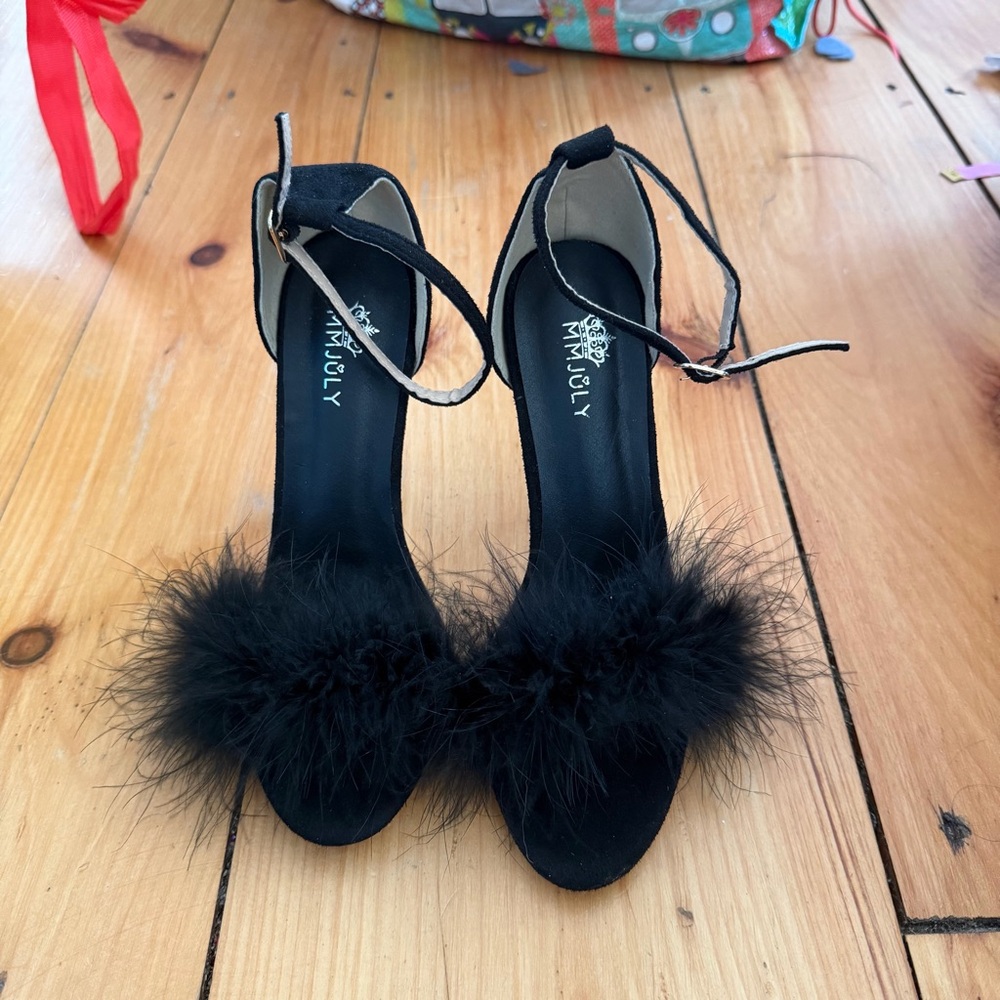Black Feather Ankle-Strap Heels for Women